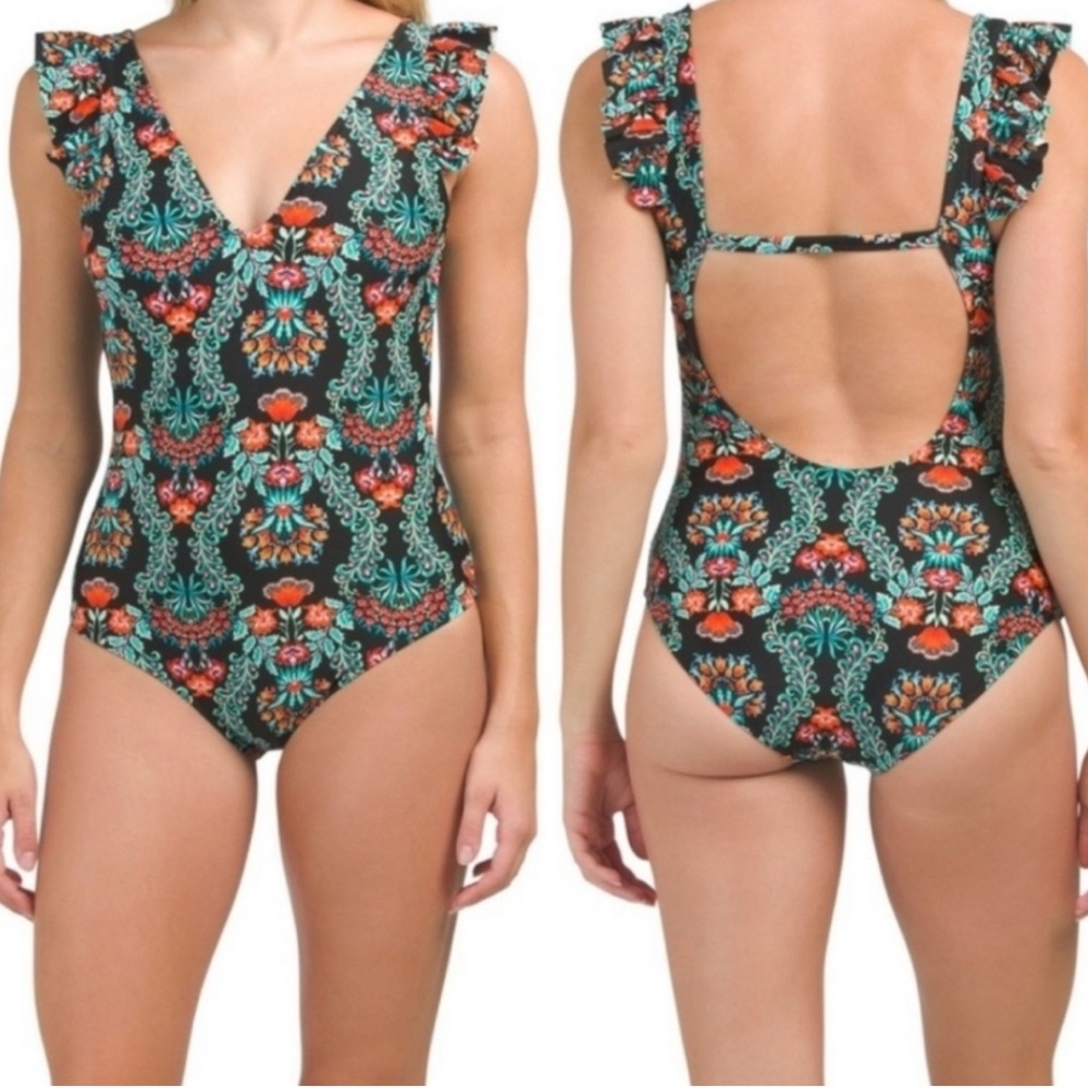Jessica Simpson One Piece Ruffle Paisley Print Bathing Suit Womens Size Small
